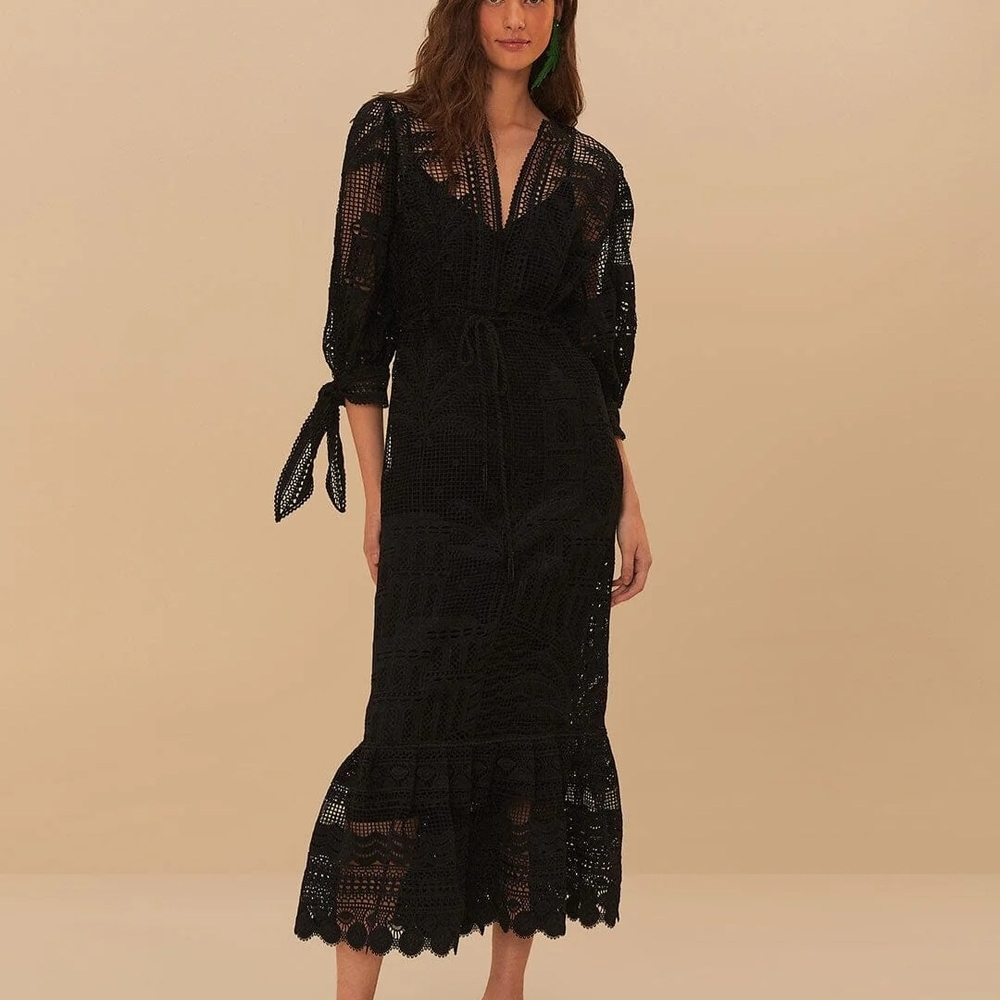 Farm Rio Black Lace Midi Dress